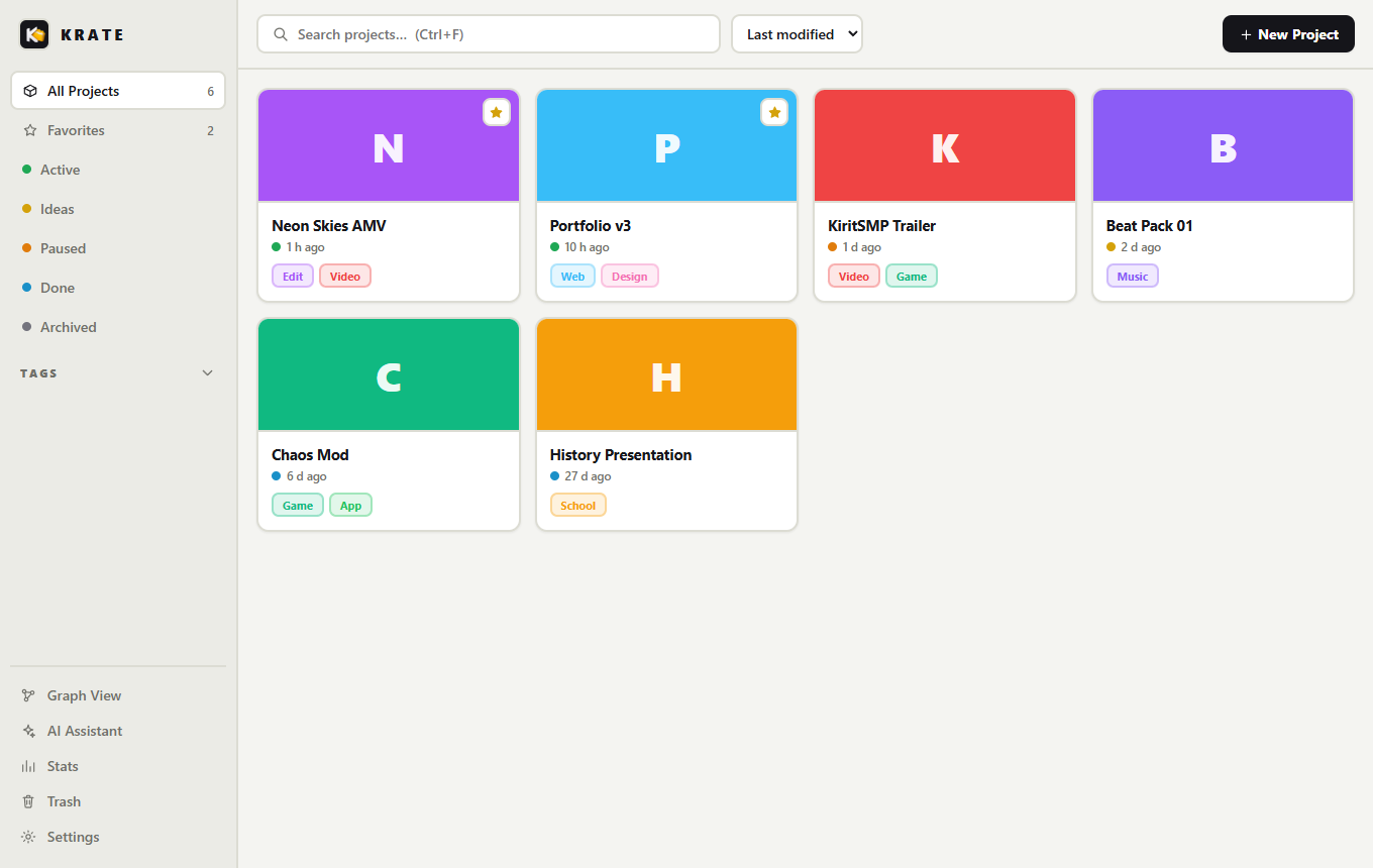 Krate library with tagged project cards